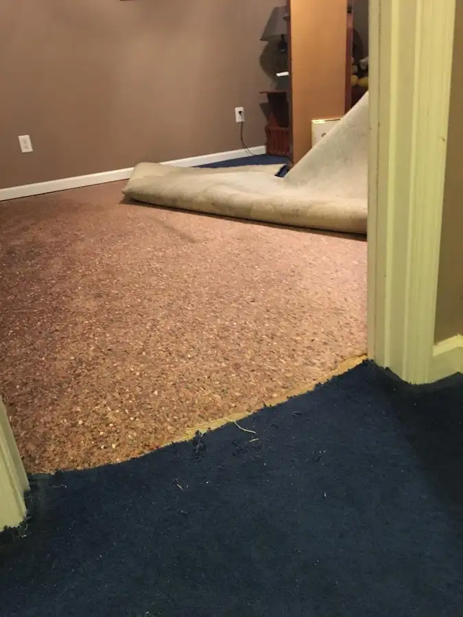 Carpet pad removal revealing water damage during Drying & Dehumidification in Talent